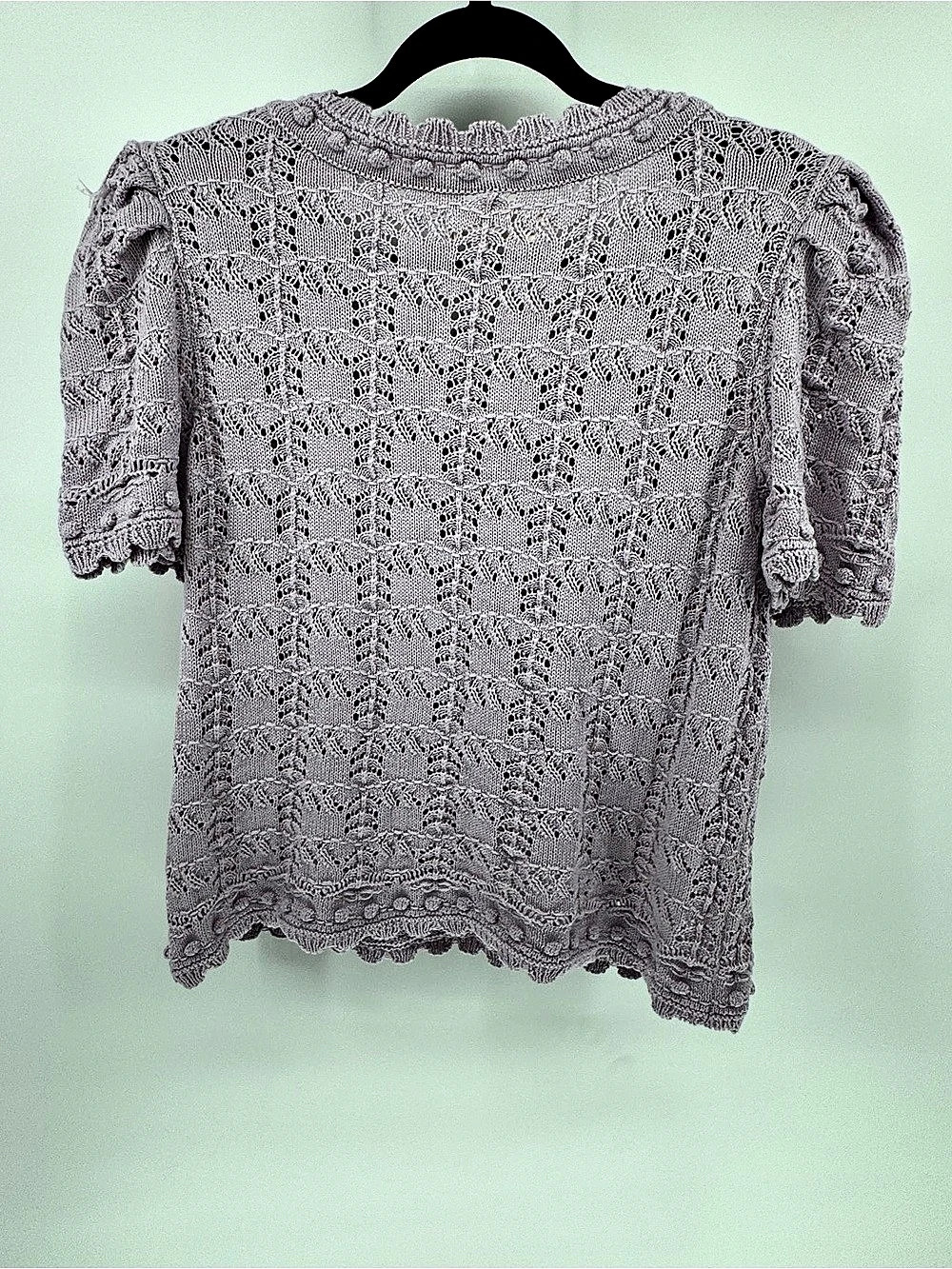 Anthropologie Lavender Pointelle Crochet Knit Puff Sleeve Top Sweater Sz L - Picture 4 of 7